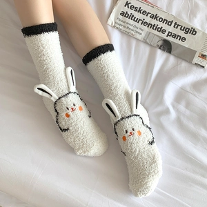 Cozy coral fleece winter socks with 3D bunny ears and embroidery on soft white fabric