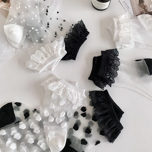 Detail of sheer lace mesh socks with heart patterns and elegant wave edges
