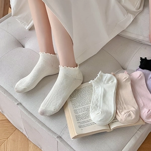 Detail of sweet ruffle cuffs and heart jacquard pattern on soft low-cut socks