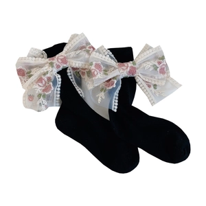 Calze Lolita nere con fiocchi di pizzo bianco e ricami floreali rosa stile dolce