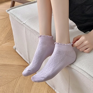Lace ruffle ankle socks for women in lavender purple with cute 3D heart pattern texture