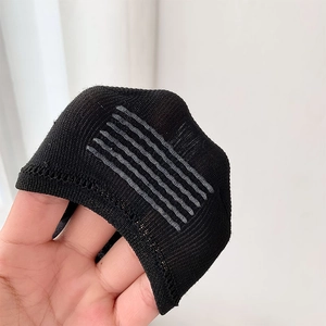 Detail of black no-show socks featuring five grey anti-slip silicone strips on the heel