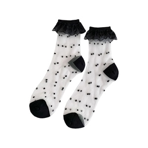 Lace ruffle sheer socks with black polka dots and heart patterns in Lolita style