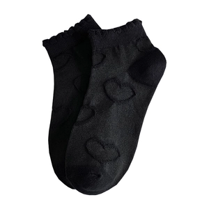 Women black cotton socks with sweet heart pattern and elegant ruffled cuffs