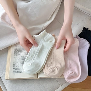 Detail of lace trim and heart pattern on multi-color cotton ankle socks for women