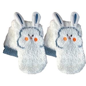 Cute white coral fleece socks with 3D rabbit ears and soft embroidered bunny face detail