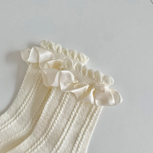 Détail de chaussettes en tricot blanc style Lolita avec dentelle en satin et texture verticale