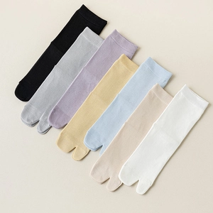 Women Tabi Socks Cotton Blend Ribbed Knit Split Toe Solid Color Japanese Style Mid Calf Length Breathable