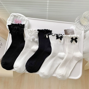 Chaussettes Mi-Mollet Lolita Coton Maille Côtelée Bordure À Volants Nœud Künstliche Perle Pompon Style JK Doux Femmes Filles Élégant