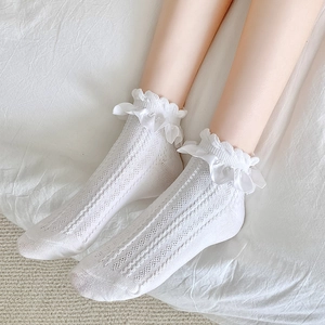 Chaussettes blanches Lolita à volants avec maille verticale et bordure en soie