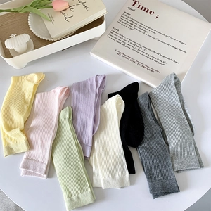 Vue à plat de chaussettes montantes côtelées en 8 couleurs pastel sur fond blanc