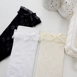 Detail of lace mesh socks featuring hollow floral patterns and ribbon bows in three colors