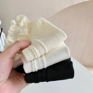 Détail de chaussettes en tricot côtelé avec volants en dentelle en beige et noir
