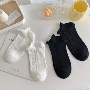 Close-up of sweet ruffled lace cuffs and heart textured knit patterns on these cotton socks