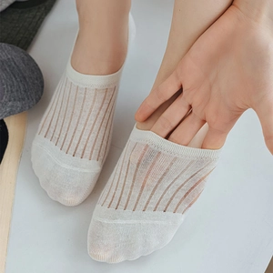 Close-up of white mesh low cut socks showing breathable vertical stripes and elastic fabric