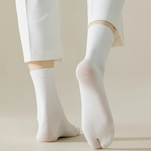Close-up of white two-toe tabi socks featuring breathable mesh texture and elastic cotton