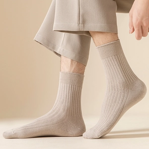 Men's vertical ribbed crew socks in beige cotton blend, breathable business casual style