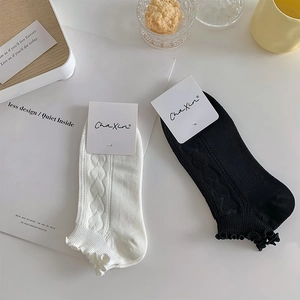 Detailed knit texture of heart-patterned socks with vintage ruffle cuffs in black and beige