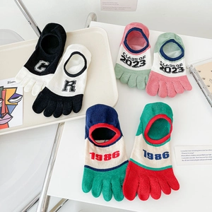 Three pairs of cotton five-finger invisible socks with letter prints in various colors
