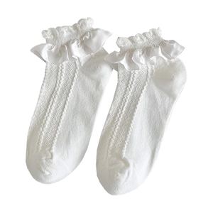 Chaussettes blanches style Lolita avec dentelle à volants et texture en coton côtelé