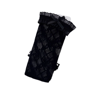 Black Japanese Lolita mesh calf socks with delicate lace trim and silk bow accent