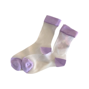 Women ultra-thin transparent mesh socks with lavender elastic cuffs and reinforced heel
