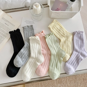Women Mid-Calf Socks Ruffle Trim Pointelle Hollow Out Cotton Breathable Sweet Mesh Korean Style Summer Solid Fashion