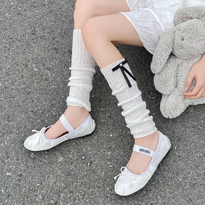 Women Ribbed Knit Leg Warmers Balletcore Slouch Socks With Ribbon Bows And Artificial Pearl Heart Pendants Sweet Japanese Accessories