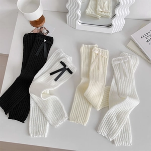 Japanese balletcore rib-knit leg warmers with bows and heart pearl accents