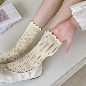 Detail of cream crochet knit socks with ruffled edges and breathable mesh texture