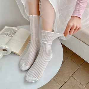 Detail showing the sheer mesh texture and ruffled lettuce edges of white crew socks
