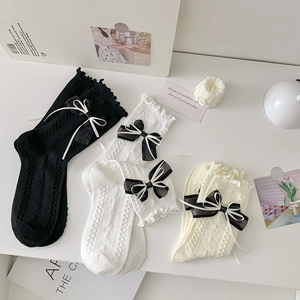 Women Lolita Crew Socks Cotton Blend Double Bow Ruffle Lettuce Edge Pointelle Knit Japanese JK Style Sweet Mid Calf