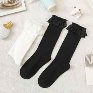 Detailed view of lace trim ruffles on JK uniform style knee high socks in black and white