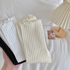 Detail of ruffle trim cuffs and vertical ribbed texture on soft mesh crew socks