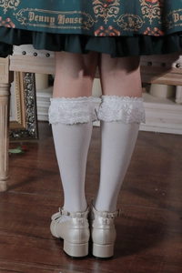 Detail of white lace trim knee-high socks paired with vintage Mary Jane shoes