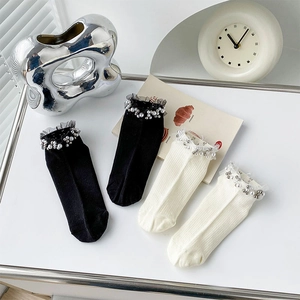 Women Ankle Socks Cotton Lace Trim Faux Artificial Pearl Ribbed Japanese Sweet Style JK Fashion