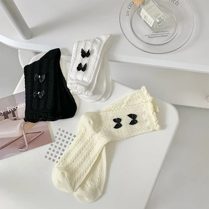 Chaussettes Mi-Mollet Pour Femmes En Tricot De Coton Avec Noeuds En Satin Künstliche Perles Bordure Volantée Style JK Japonais Lolita
