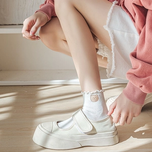 Détail de chaussettes blanches à volants brodées d'un ours avec chaussures Mary Jane