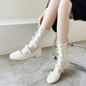 Damen Spitzenwadenstrümpfe Ausgehöhlt Süße Bandschleifen Lolita Stil Atmungsaktive Nylon Strumpfwaren