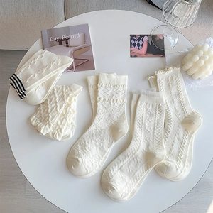 Detailed view of white JK socks with lace edges and textured cable knit patterns