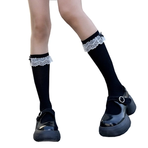 Chaussettes hautes Lolita noires avec dentelle blanche et nœuds pour style JK