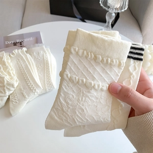 Detailed view of cream white crew socks featuring ruffle lace and cable knit texture