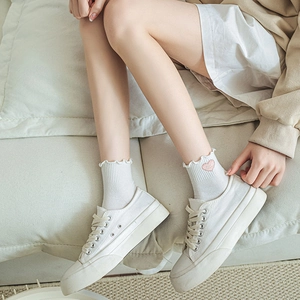 Détail de chaussettes blanches à volants avec broderie cœur rose et texte Nice