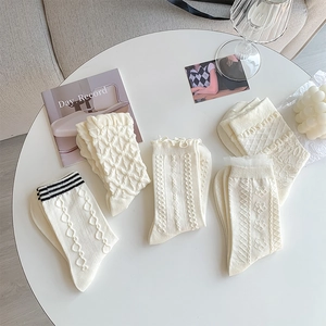 Detailed knit patterns of cream white mid-calf socks with lace edges and cable texture