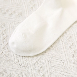 Close-up of seamless toe stitching on white lace JK uniform knee-high cotton socks