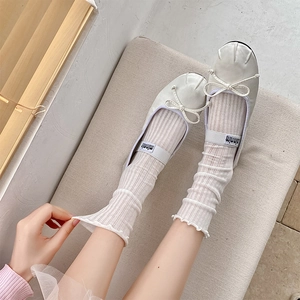 Detailed view of white mesh crew socks with lettuce edge and ballet flat shoes