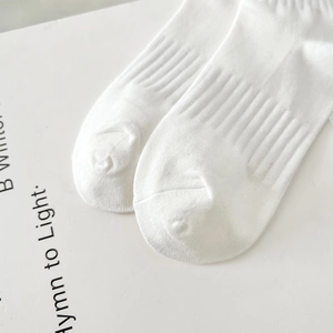 Detailed close-up of white ribbed knit cotton socks showing premium stitch texture