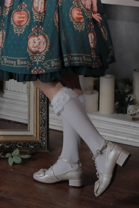 Detailed view of white lace trim knee-high socks paired with Lolita style dress and shoes
