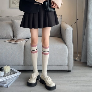 Close-up of cream ribbed knee-high socks with pink stripes paired with platform loafers
