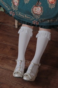 Detailed view of white knee-high socks with ruffled lace trim and Mary Jane shoes